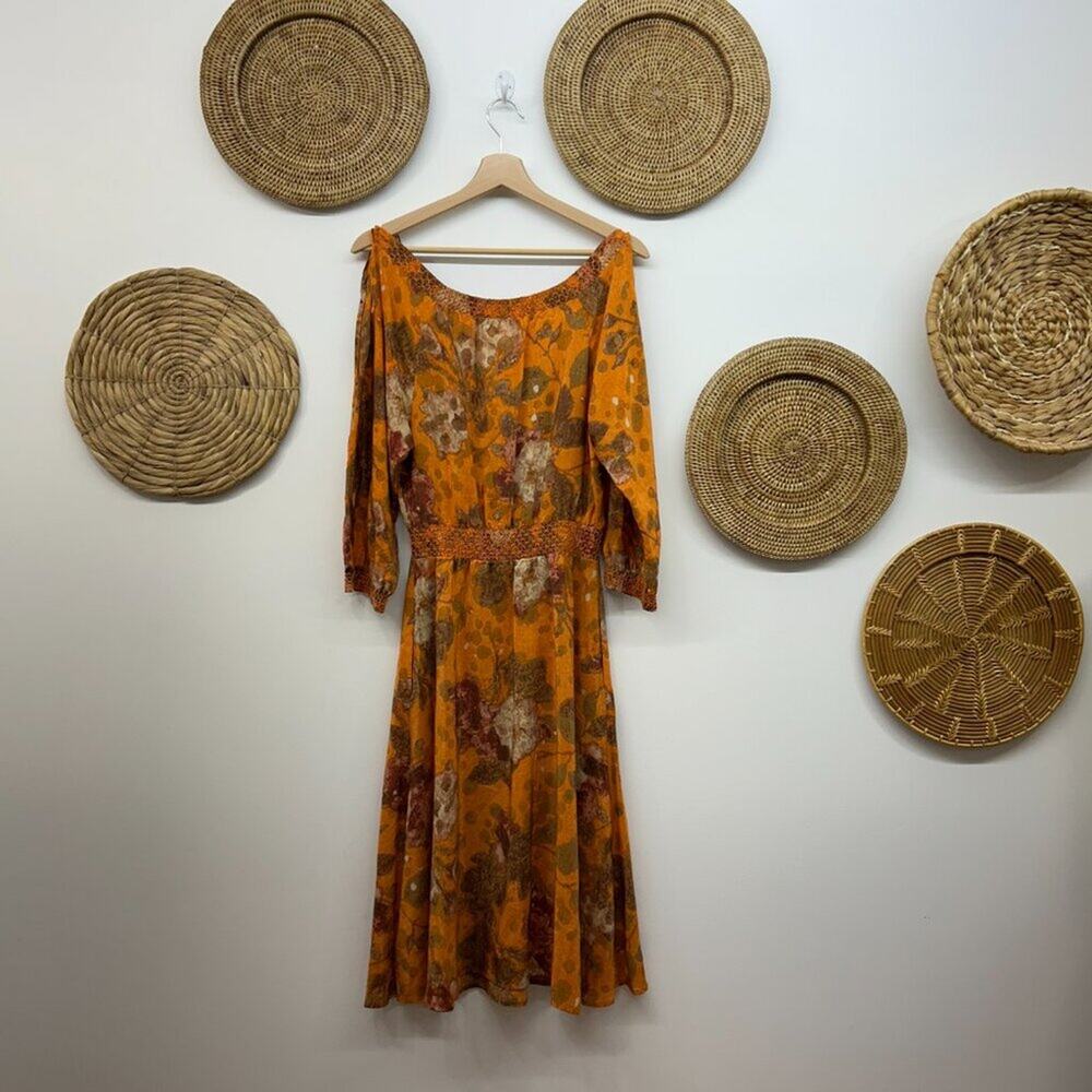 Anthropologie Moulinette Soeurs Beautiful Orange Silk Cold Shoulder Midi Dress 0 - Picture 2 of 8